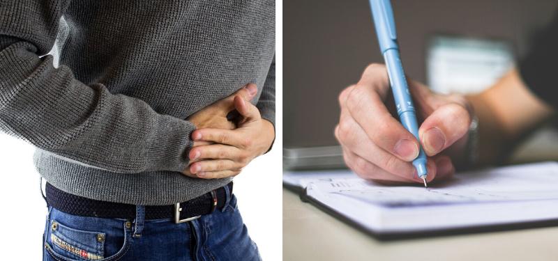 A collage of photos, the first being a man holding his stomach looking like he is in pain and the second of a hand writing notes