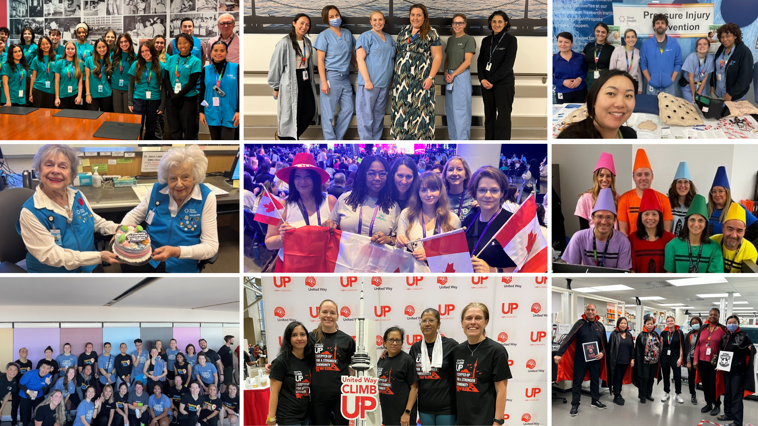Collage showcasing Sinai Health staff celebrating key milestones, dressing up Halloween, and participating in various events and activities.
