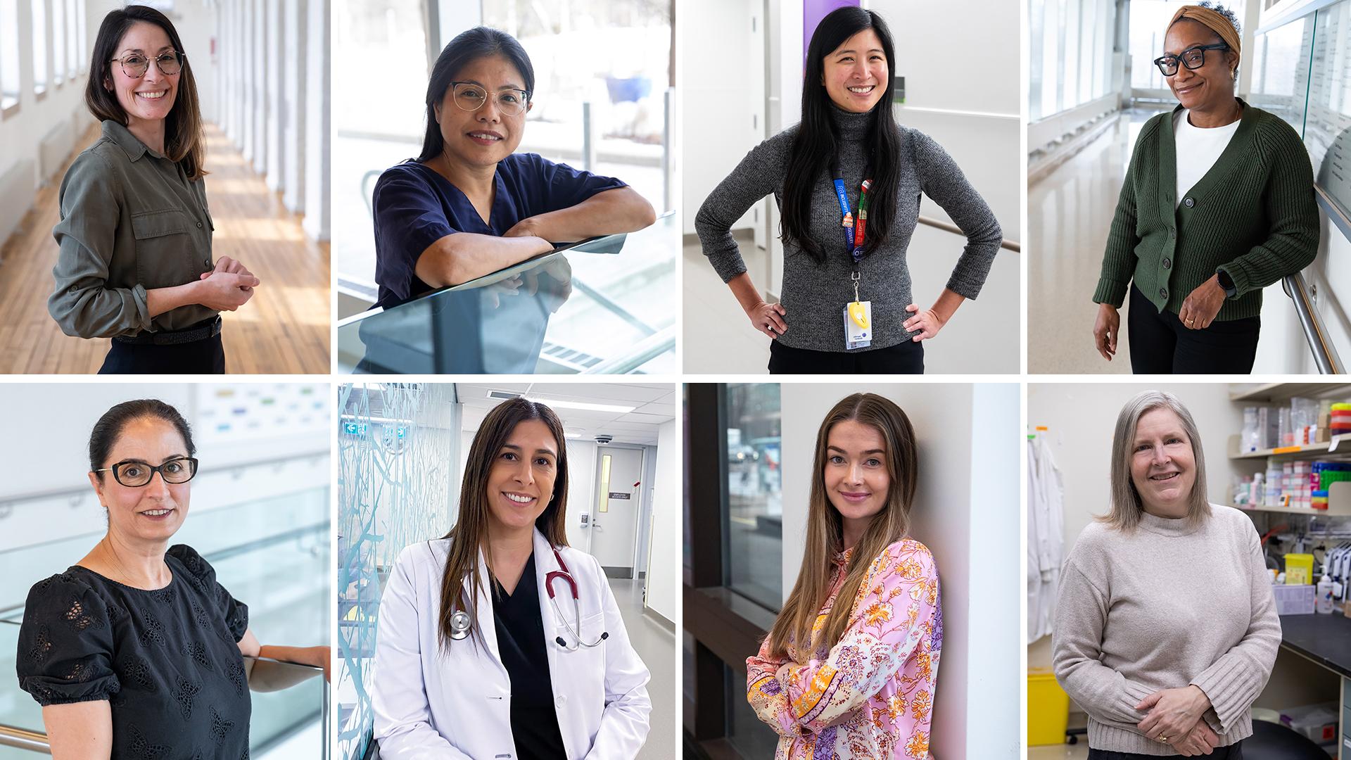 Headshots of eight women, standing in hallways in various locations.