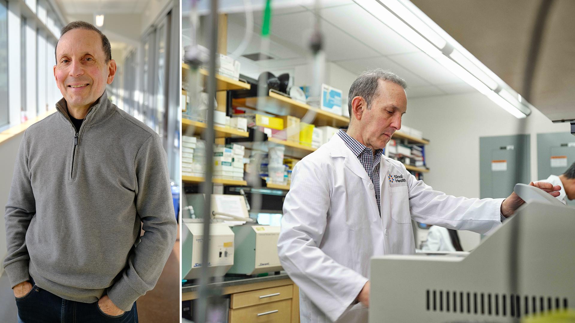 A split image showing on the left a white older man standing in a corridor and wearing a grey sweater with hands in pockets of his trousers and on the right the same man is pictured working in a laboratory wearing a white laboratory coat.