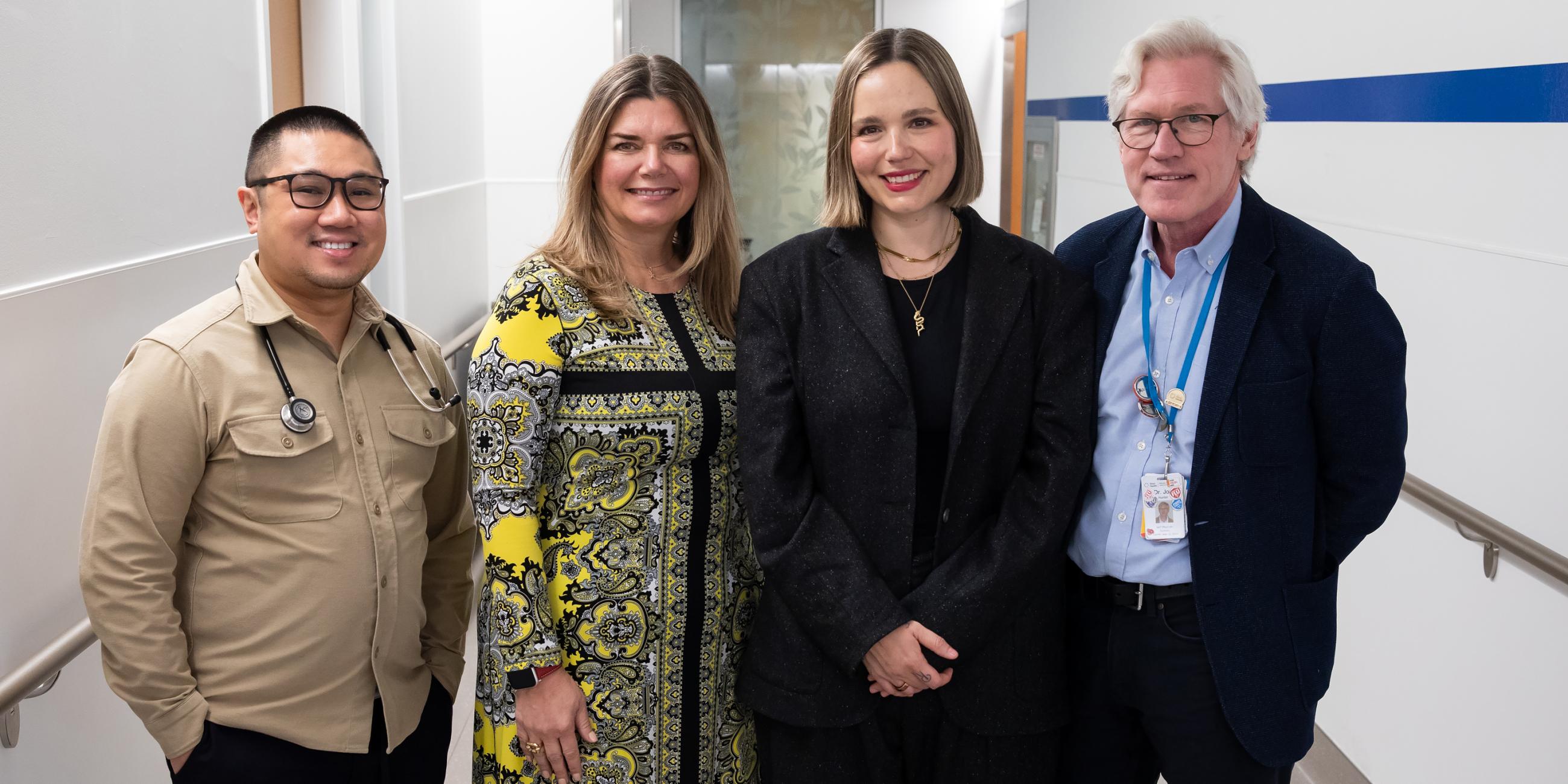 Kate Walker stands alongside her Mount Sinai Hospital care team at the Chris Hugh Sharp Cancer Centre. From left to right: Jordan Rivera, Dr. Christine Brezden-Masley, Kate Walker and Dr. Jonathan Hunter.