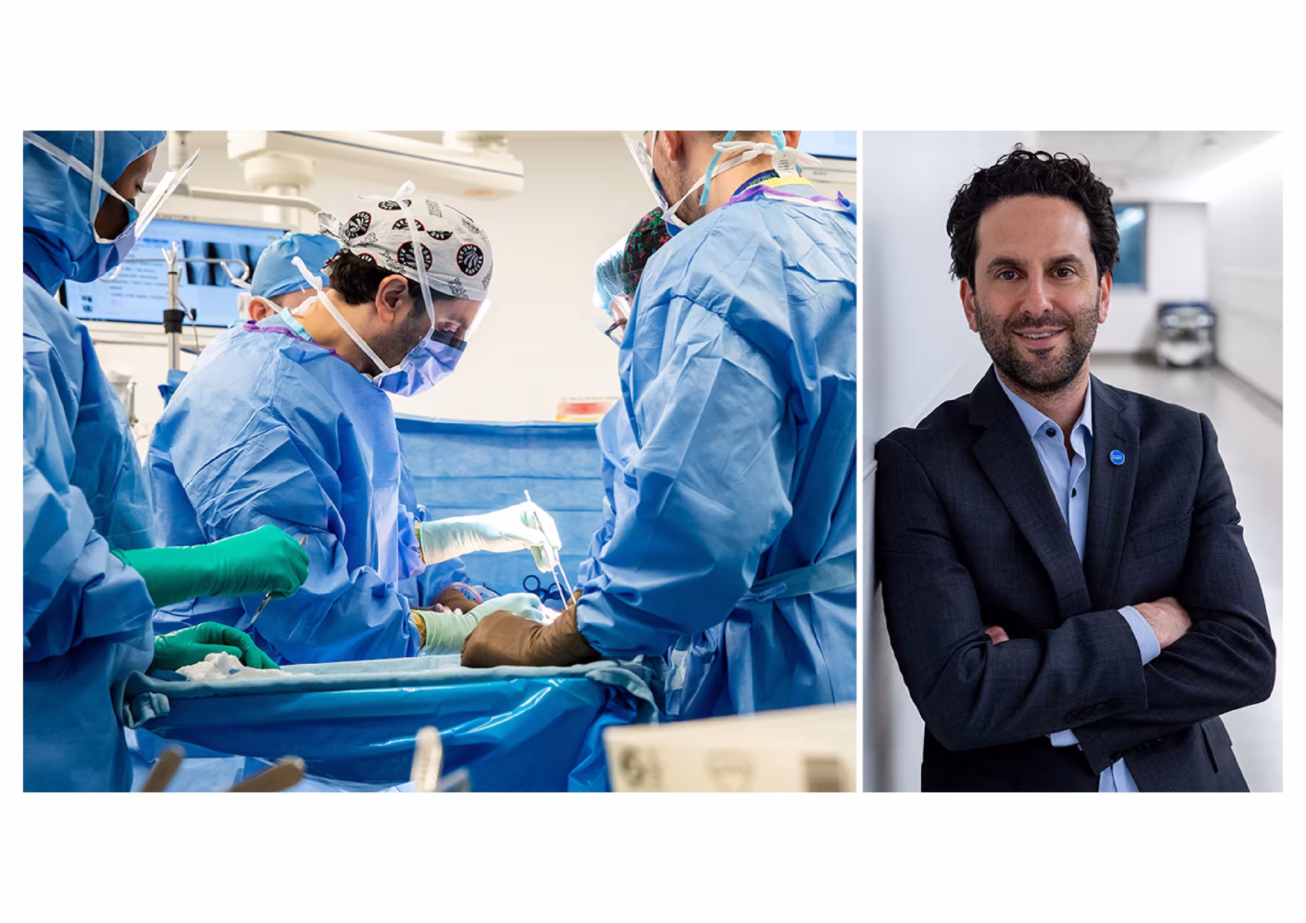 Composite image of Dr. Jesse Wolfstadt in surgery and in a hospital hallway wearing a navy suit jacket. 