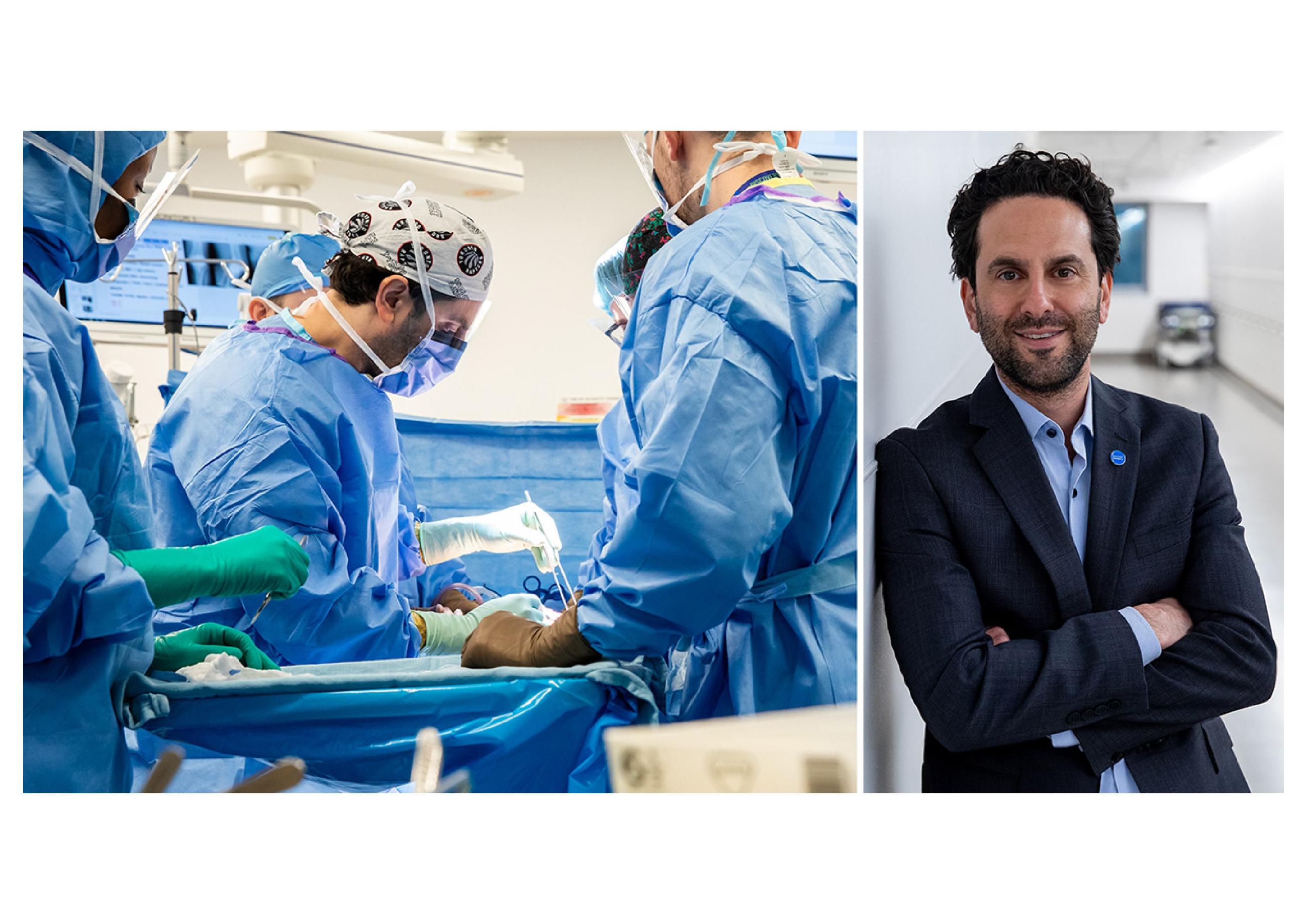 Composite image of Dr. Jesse Wolfstadt in surgery and in a hospital hallway wearing a navy suit jacket. 