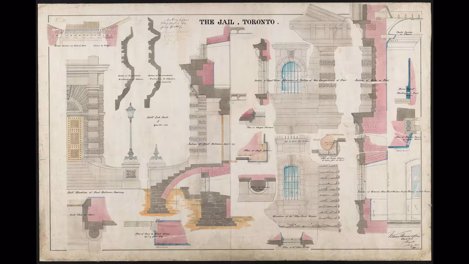 An architectural illustration of details on the construction of stone pillars and cornices on the exterior of the front entrance of the Don Jail. The drawing is in watercolour and shows gray stone, black and red brick. 