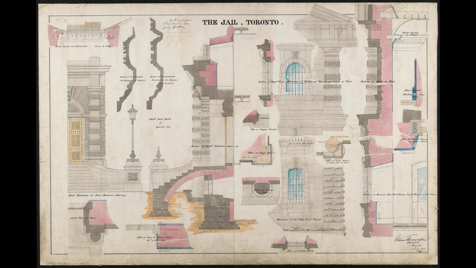 An architectural illustration of details on the construction of stone pillars and cornices on the exterior of the front entrance of the Don Jail. The drawing is in watercolour and shows gray stone, black and red brick. 
