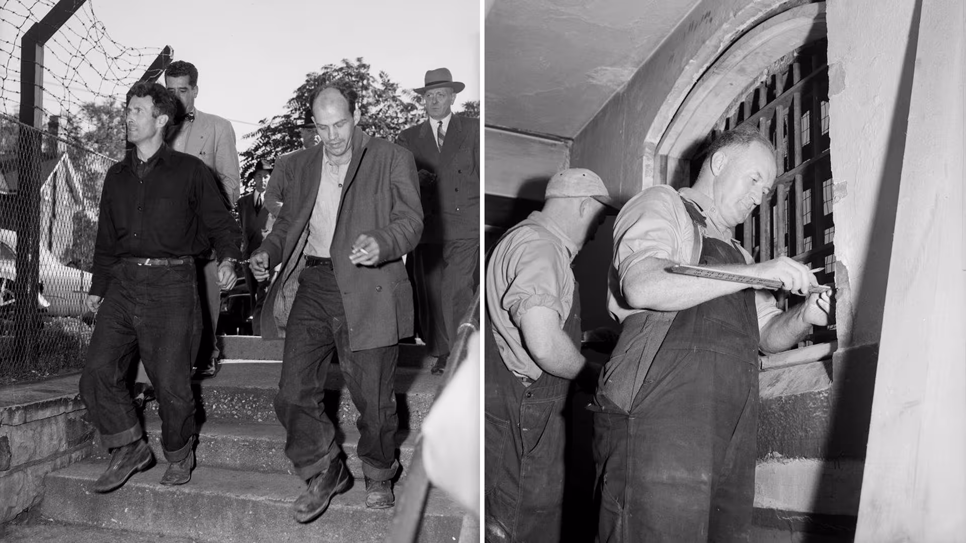 A composite of two black and white images from 1951 next to each other. On the left is an image of four men walking down a short set of stone stairs outside. Two men in front are handcuffed to each other. They are wearing casual, workmen’s clothes and shoes. Two men behind them are wearing suits. There is a fence with barbed wire in the background.  The image on the right is two men in overalls standing in front of a window inside the Don Jail.