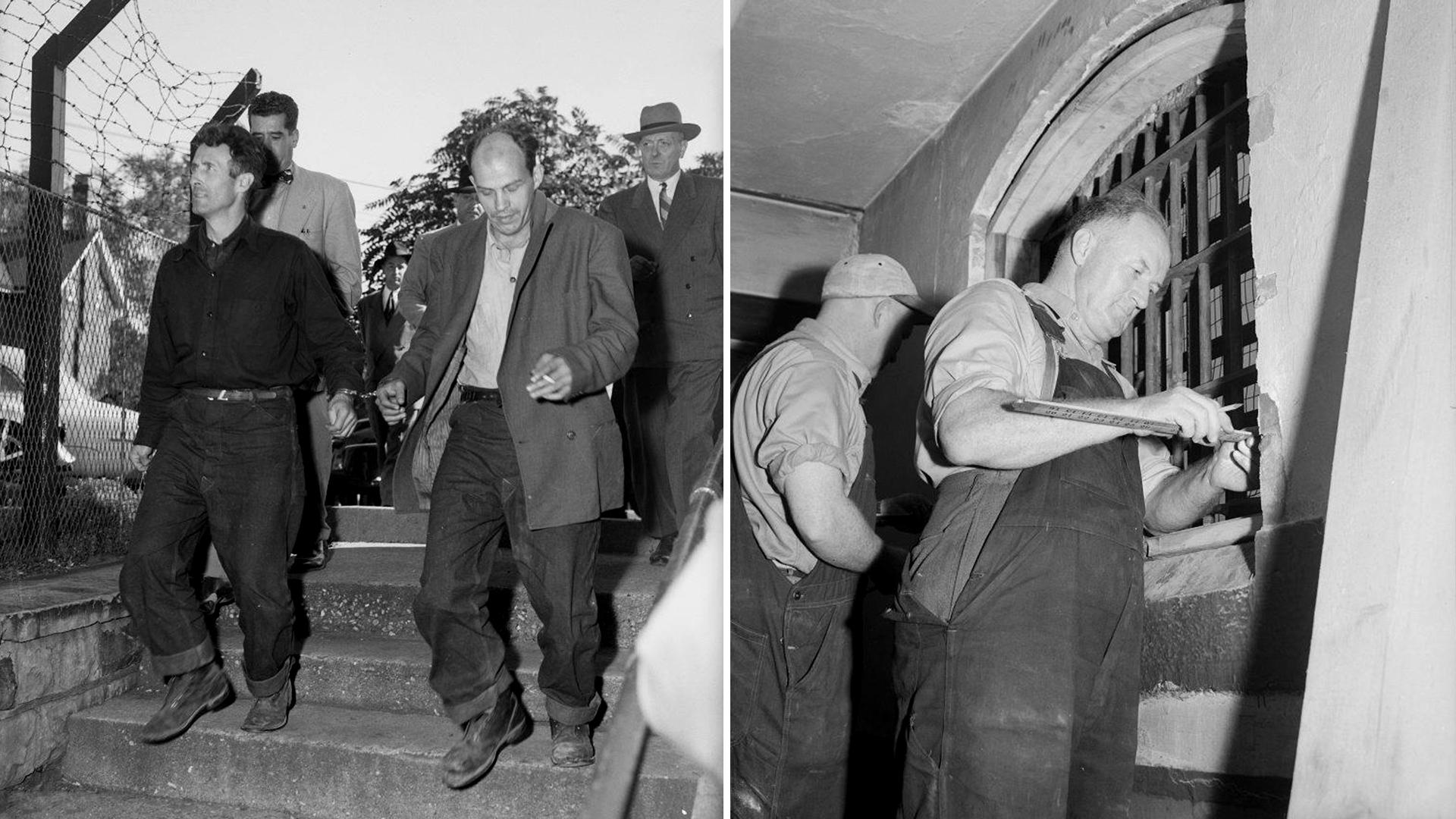 A composite of two black and white images from 1951 next to each other. On the left is an image of four men walking down a short set of stone stairs outside. Two men in front are handcuffed to each other. They are wearing casual, workmen’s clothes and shoes. Two men behind them are wearing suits. There is a fence with barbed wire in the background.  The image on the right is two men in overalls standing in front of a window inside the Don Jail.