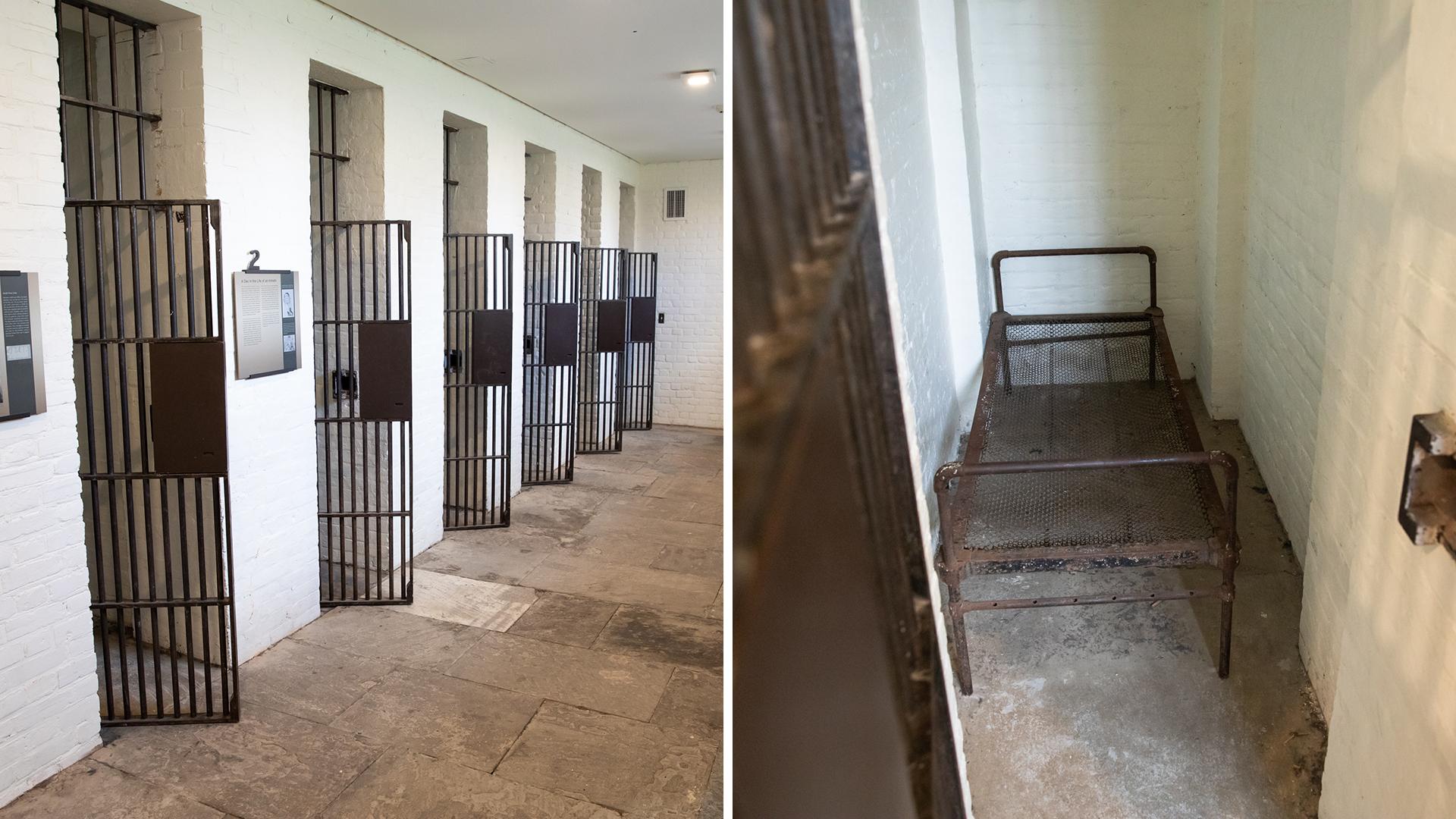 Composite of two photos next to each other. On the left is a view down a corridor of the historic Don Jail. There are six cells in a row and they have doors made of iron bars that are open. the second is a view inside one of the cells. The walls are brick painted white. A small, old metal cot takes up most of the space.