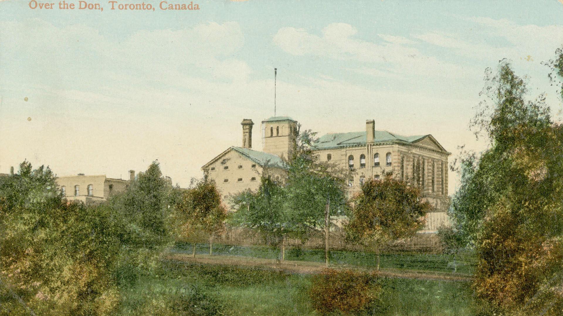 An illustration of a large building made of light gray brick with a green roof. In the foreground are trees of various shades of green.