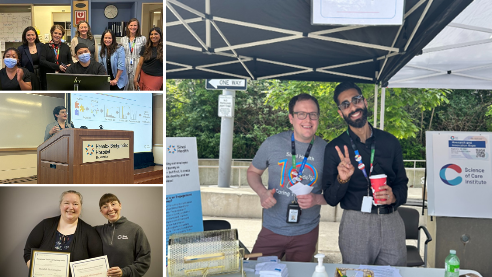 Collage of three images one of Sinai Health employees. The largest one is of two people at an information table outside and two smaller ones are a group photo of employees at a team station and below that photo is two employees holding certificates
