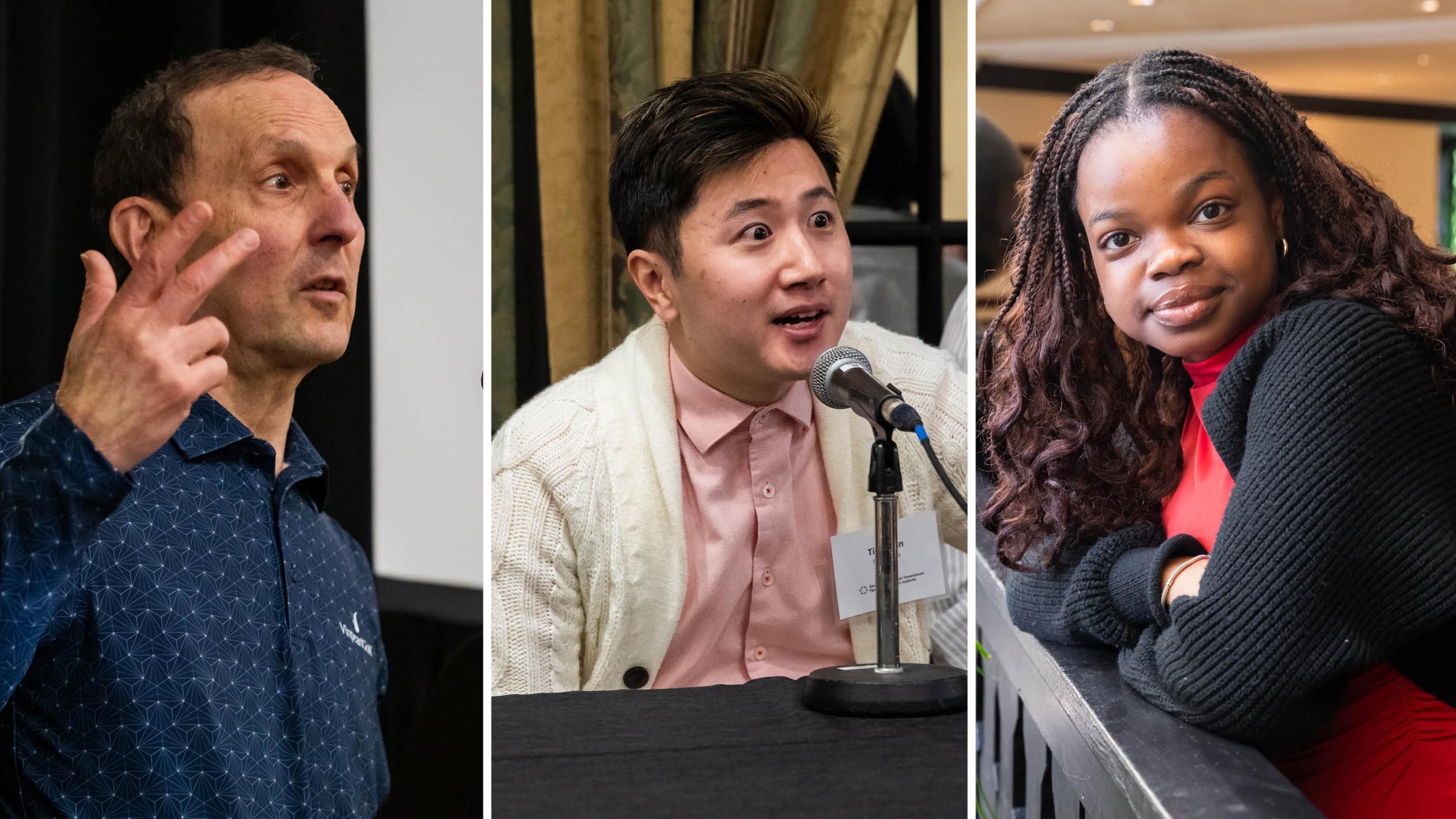 a composite of a man speaking, a male graduate student speaking and a female undergraduate student
