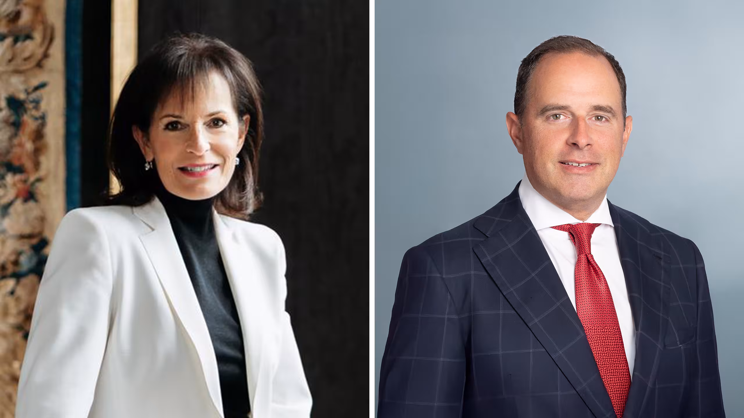 woman wearing white blazer on left, man wearing suit and red tie on right