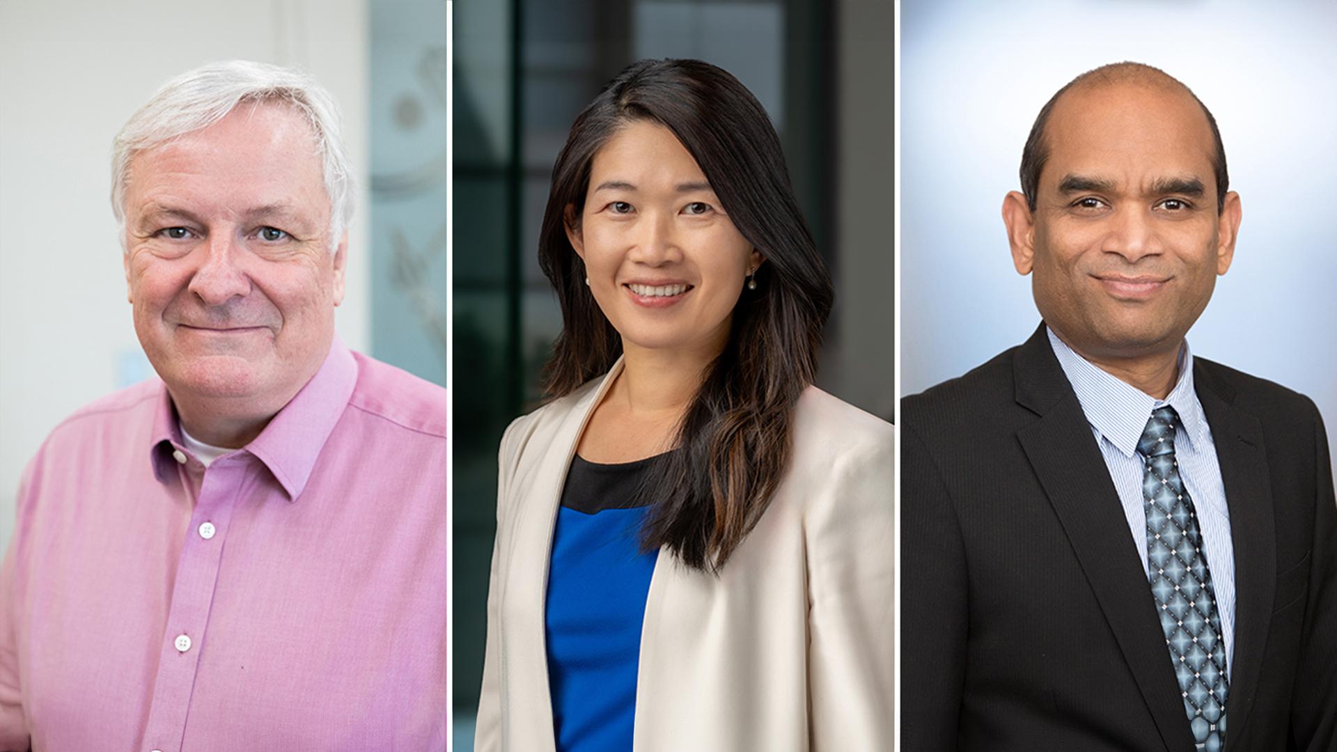 Headshot of Dr. Jim Woodgett, Dr. Rayjean Hung and Dr. Prakesh Shah.