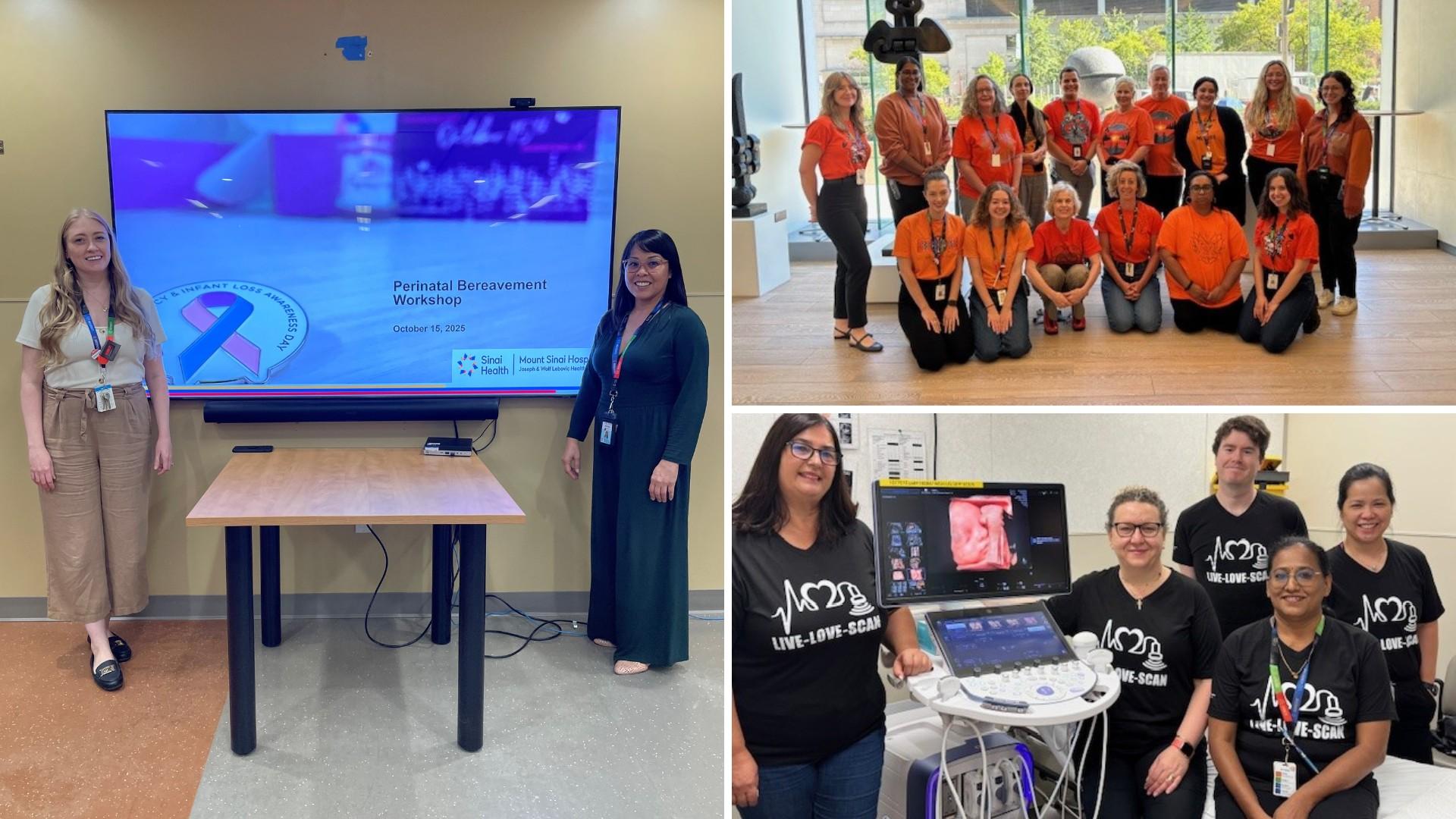 A composite image made of three images. On the left is two people standing on either side of a screen in a meeting room, on the right one image is a group of people in orange shirts and below that image is a group of ultrasound technicians standing around an ultrasound machine