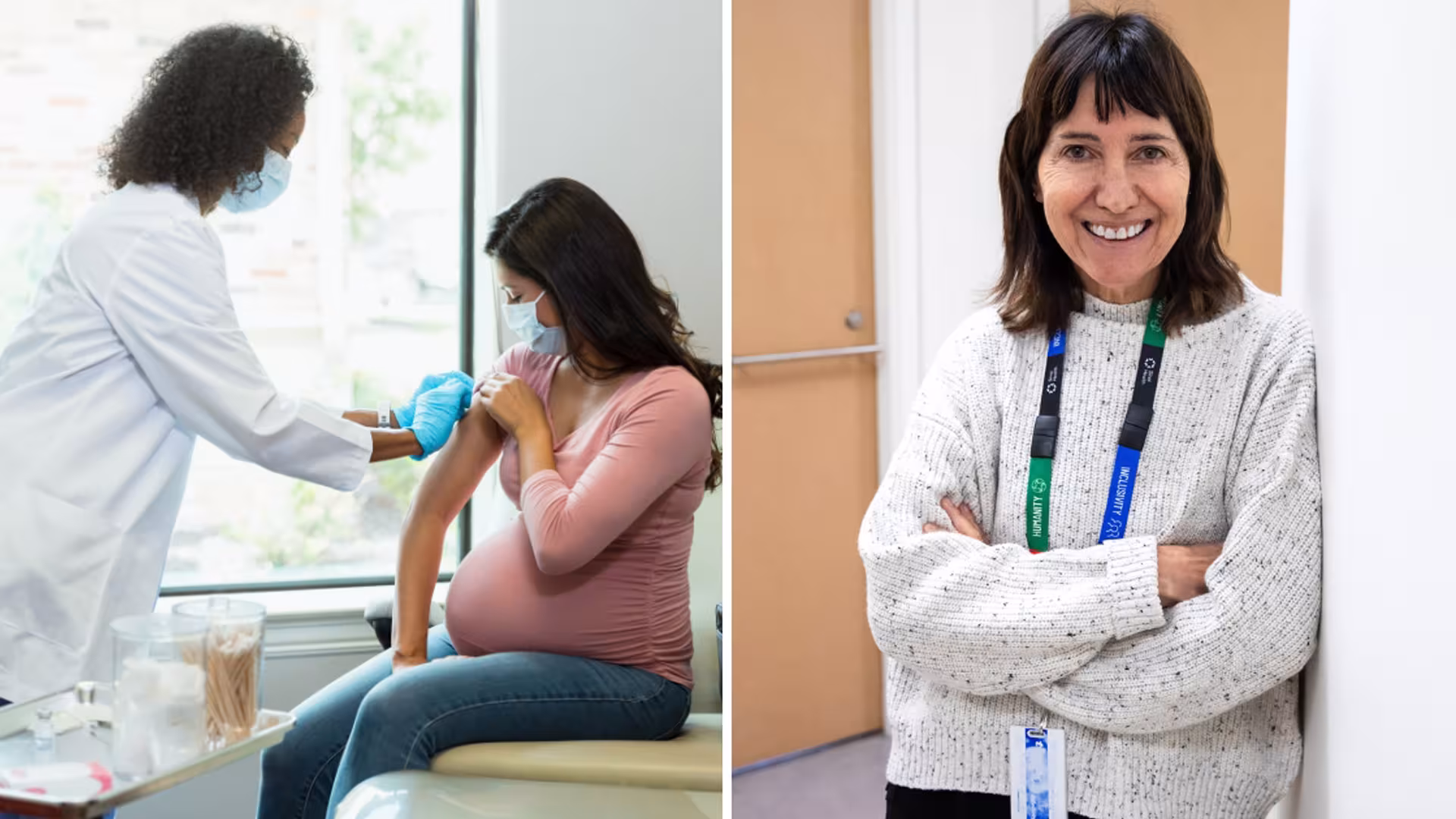Collage of Denice Feig and a pregnant woman being helped by a doctor. 