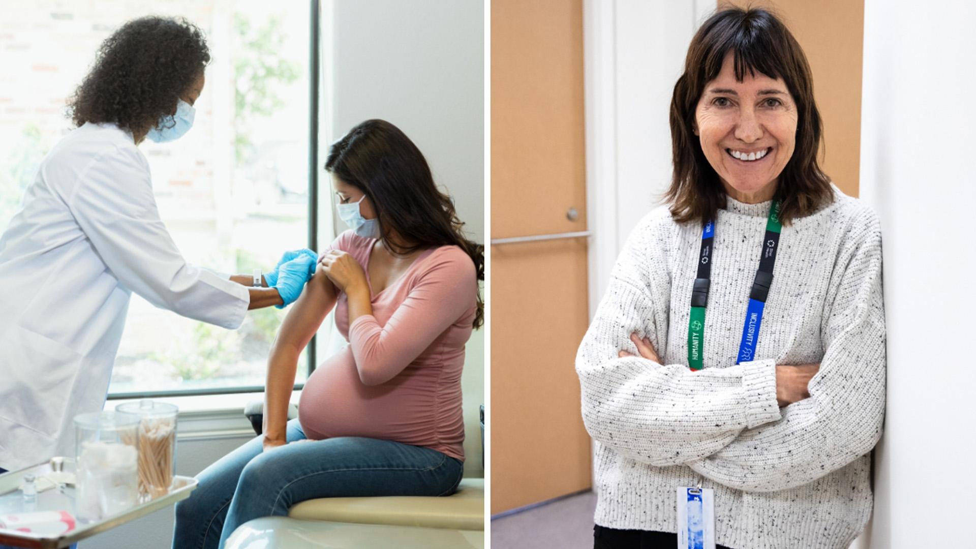Collage of Denice Feig and a pregnant woman being helped by a doctor. 