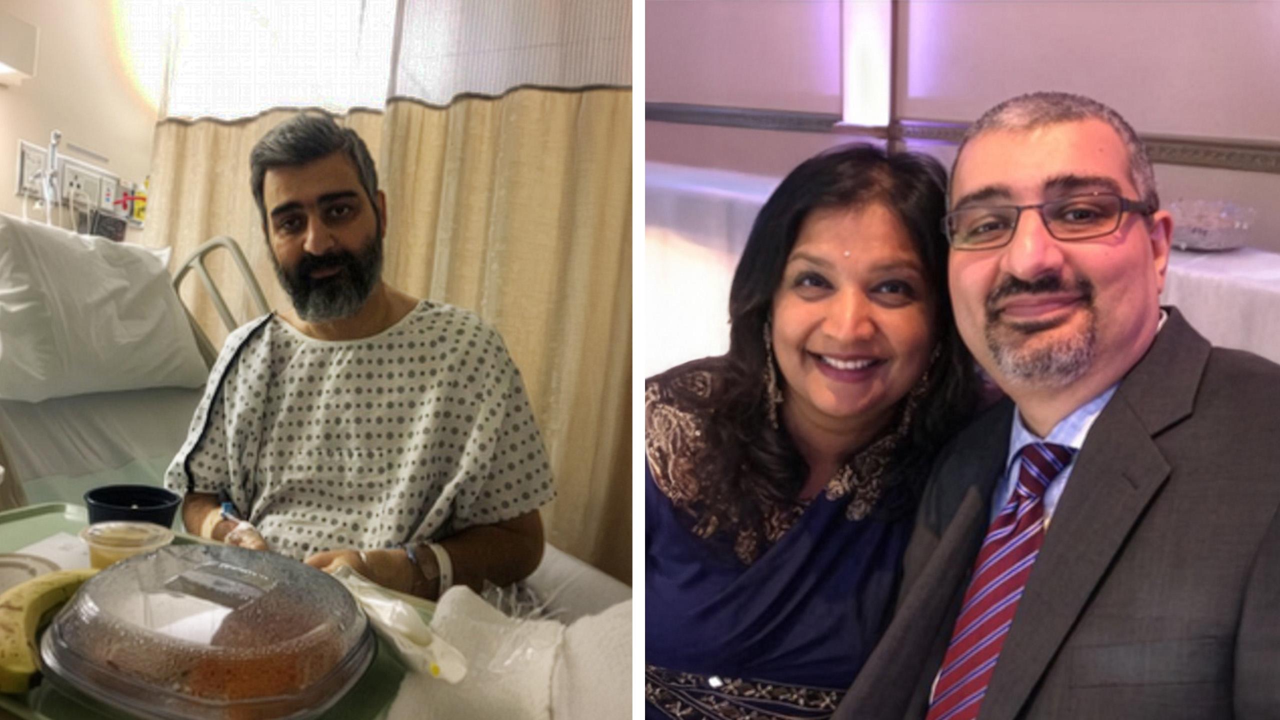 split image: man in hospital bed on the left, on the right an image of the same man with a woman at an event