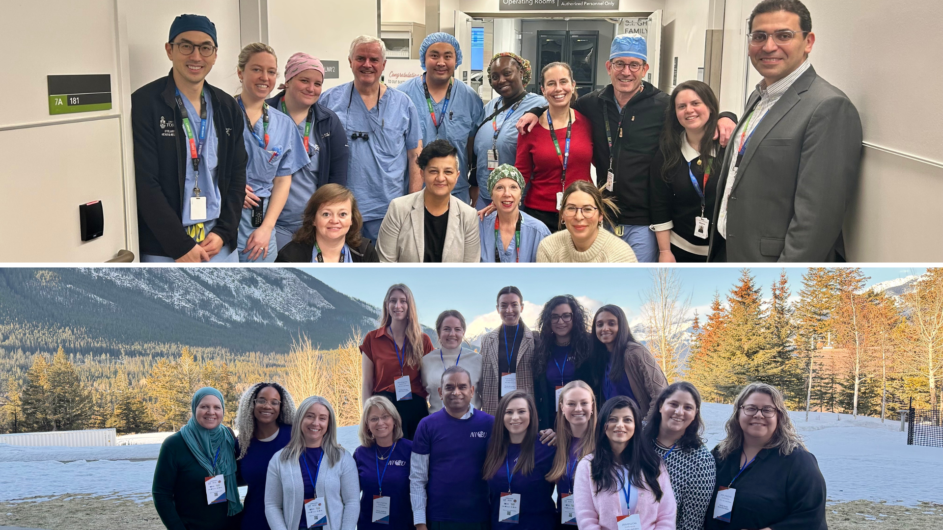 composite of two images, stacked one on top of the other. both are group photos of health-care workers, standing, looking at the camera, smiling.