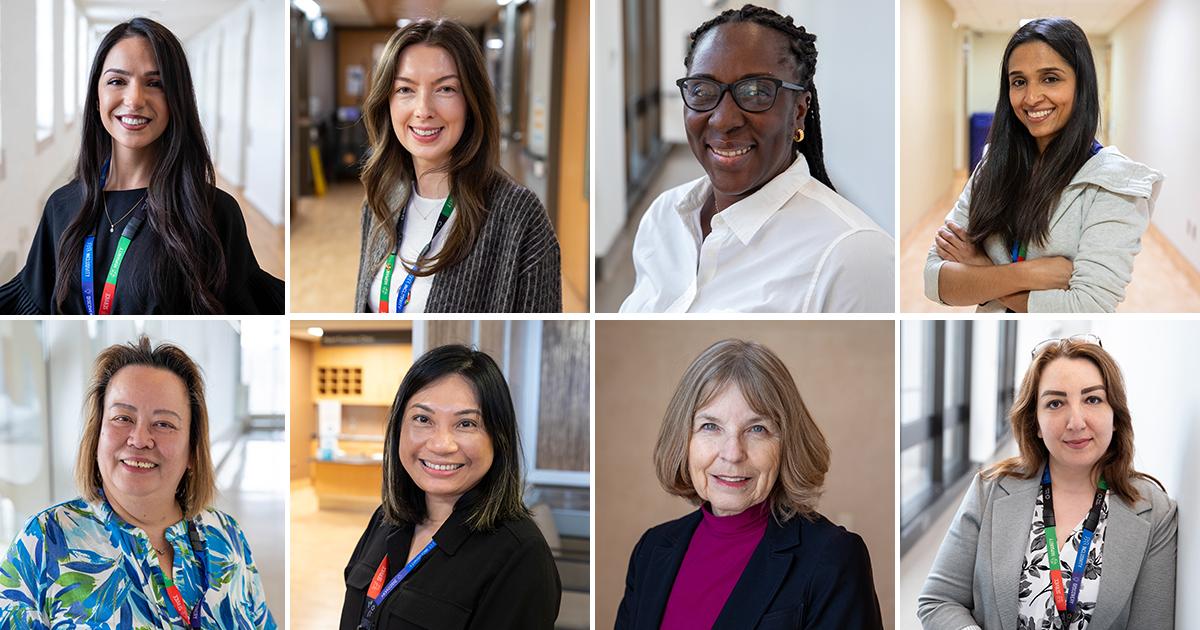 Women from across Sinai Health (From left to right: Marjan Bazleh, Grace Martin, Nana Asomaning, Dr. Kamini Raghuram, Sonia Cunningham, Ann Vo, Dr. Paula Rochon, and Nazila Mirhadizadi)