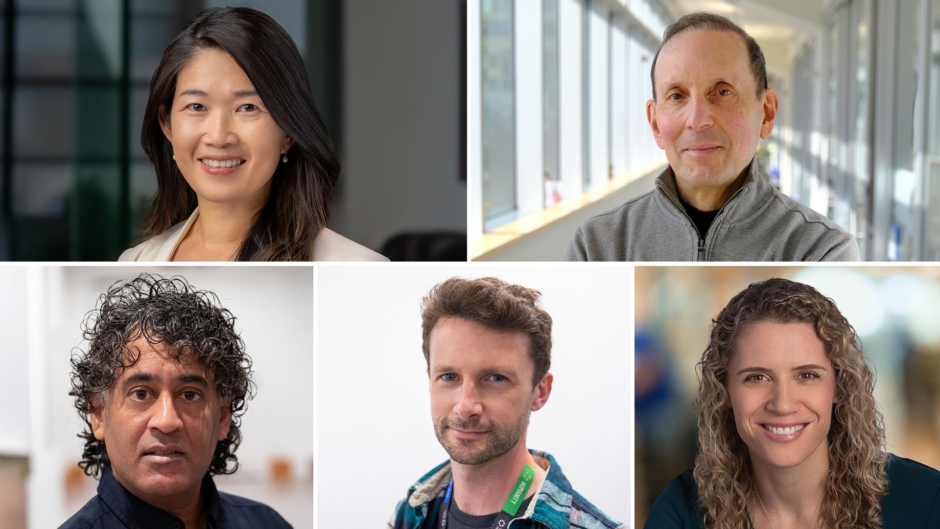 A collage of five professional headshots arranged in two rows, Drs. Rayjean Hung, Daniel Drucker, Ravi Retnakaran, Kieran Campbell and Sabrina Kolker from Sinai Health. 