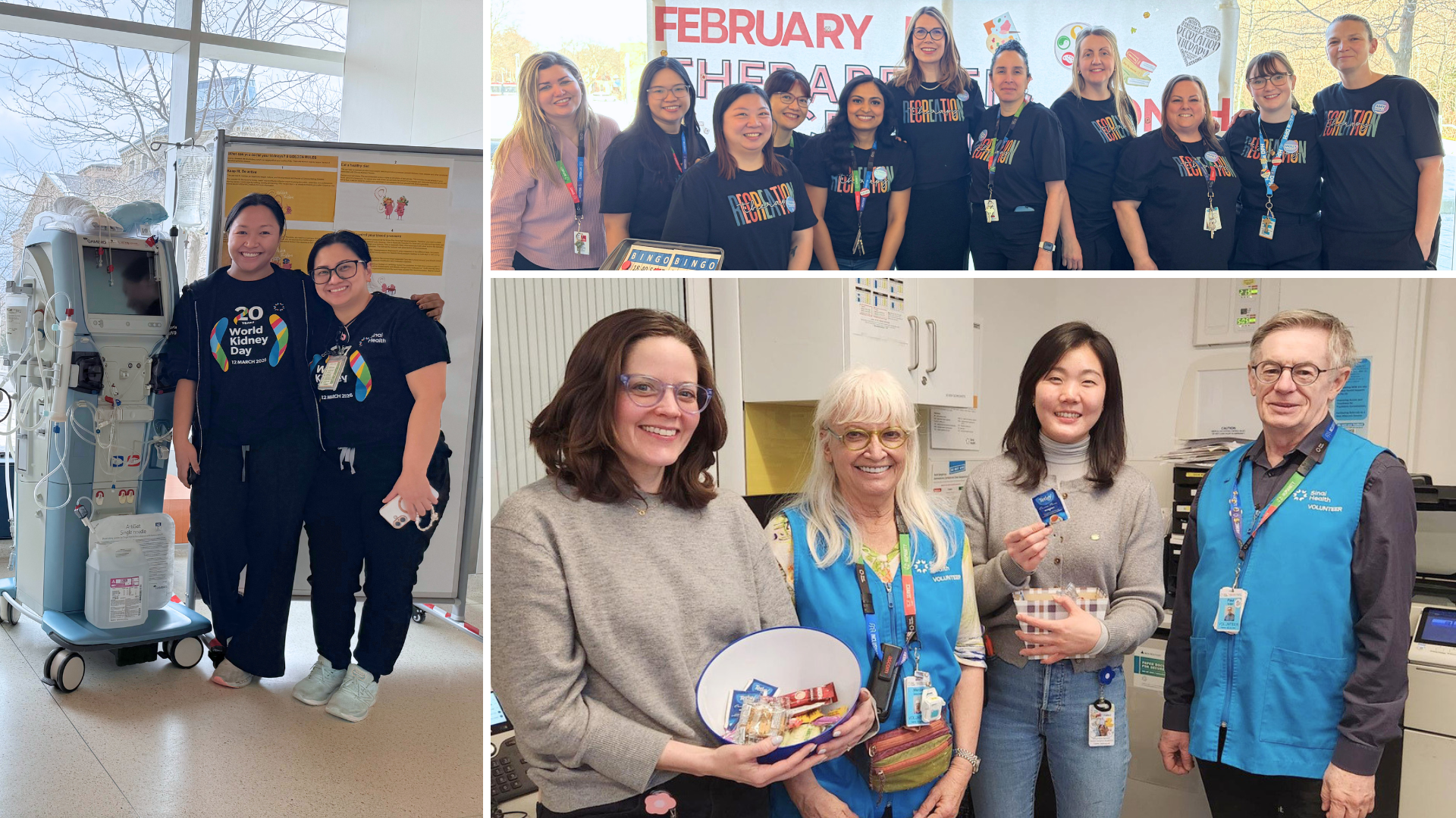 Composite image of three images together. Images are of employees at Sinai Health standing in groups, looking at the camera smiling