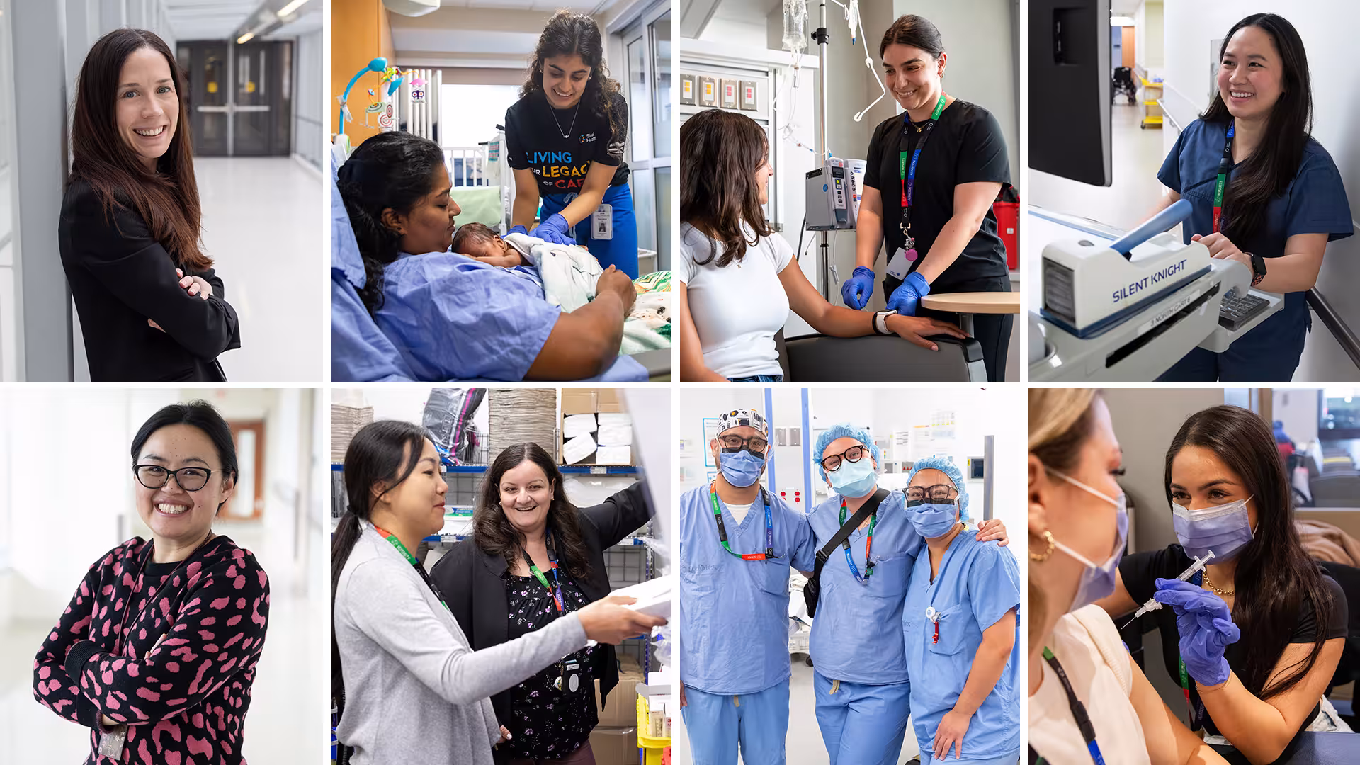 A collage of Sinai Health nurses smiling in group photos and interacting with patients.