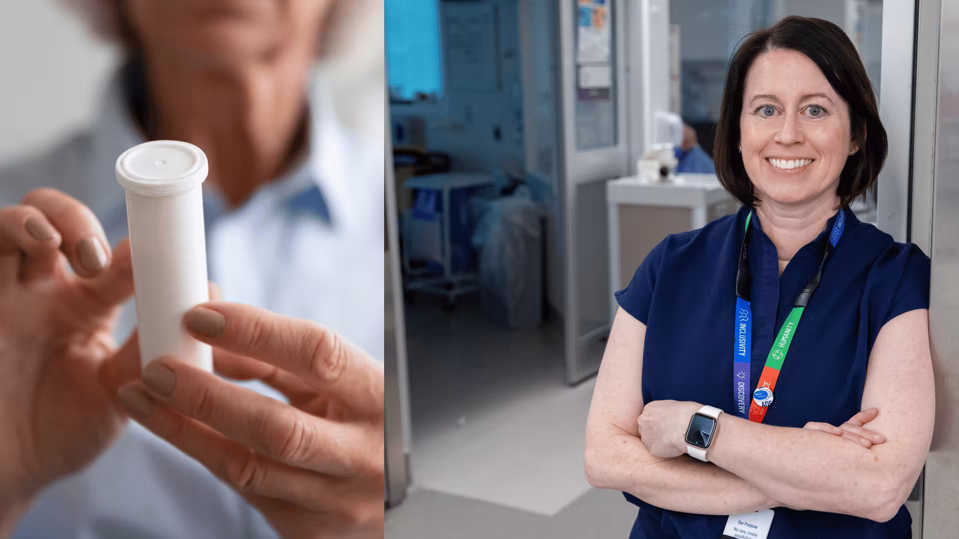 An image of someone holding a prescription bottle collaged to a picture of Dr. Lisa Burry smiling with arms crossed in the ICU unit.