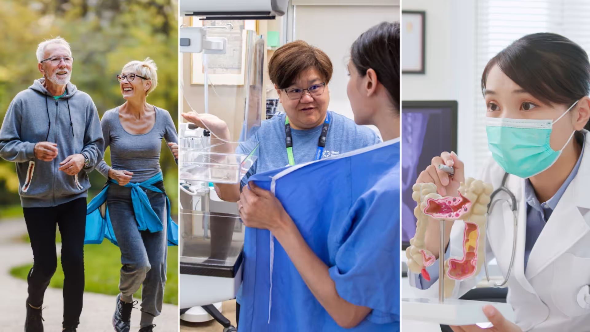 Three images side-by-side in a collage style photo, with the first being two older adults running, the second being a woman receiving a mammogram, and the third being a clinician showing a model of the human colon.
