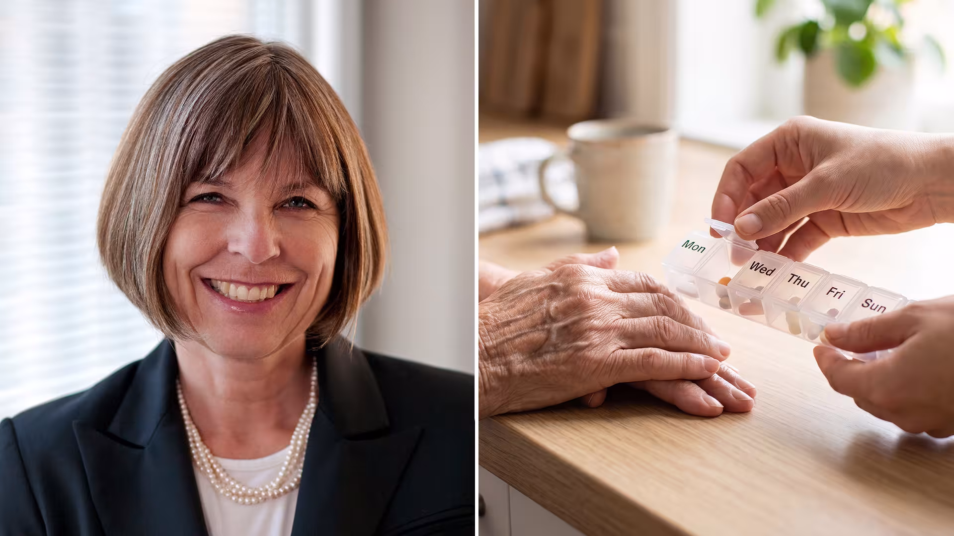 Collage of a headshot of Dr. Paula Rochon and a photo of an older adults hands on a table with someone else's hands holding a weekly supplement container.