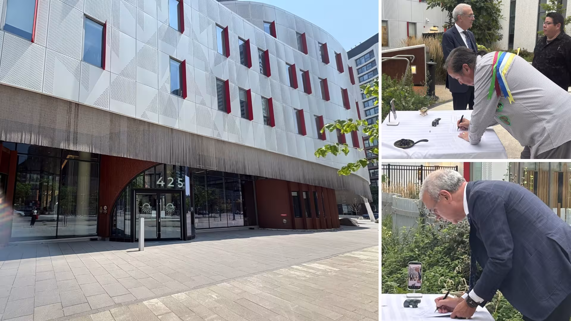 Composite of three images, large image on the left side of the Indigenous Health Centre in Toronto. It is a grey building with red accents on the windows. On the right side are two smaller images one on top of the other. The top image is Michael Milward, Executive Director, Anishnawbe Health Toronto, signing a document on a table that has a white table cloth. Below is a photo of Dr. Gary Newton, President and CEO of Sinai Health signing the document on the same table.  
