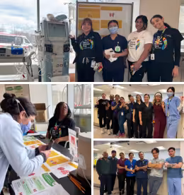 A composite image of four different images of Sinai Health employees at Hennick Bridgepoint. Two images show employees at the World Kidney Day information table and two are of groups of employees wearing scrubs, standing in a line in front of the team station on their hospital unit.