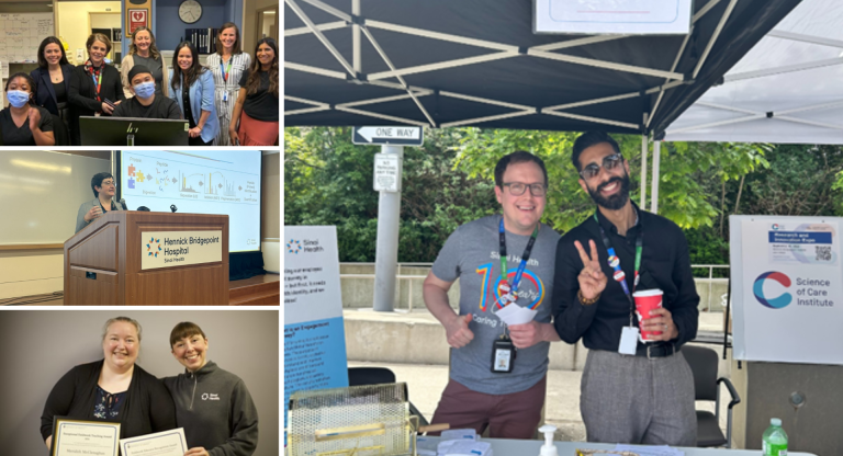 Collage of three images one of Sinai Health employees. The largest one is of two people at an information table outside and two smaller ones are a group photo of employees at a team station and below that photo is two employees holding certificates