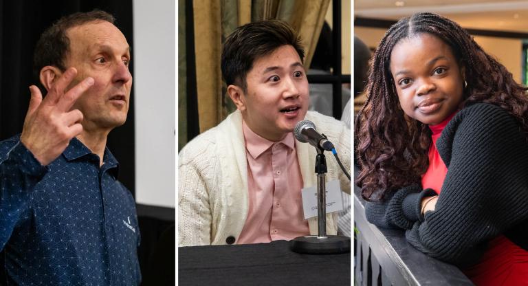 a composite of a man speaking, a male graduate student speaking and a female undergraduate student
