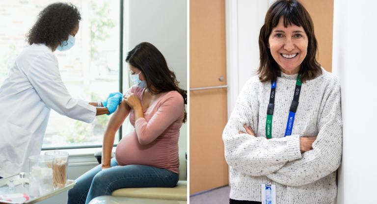 Collage of Denice Feig and a pregnant woman being helped by a doctor. 