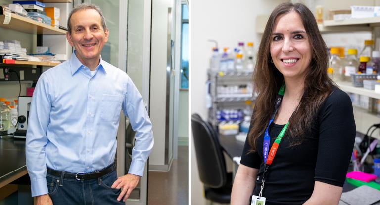 Drs. Daniel Drucker (left) and Maria Gonzalez-Rellan smile in a laboratory setting.
