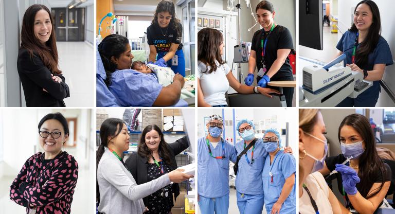 A collage of Sinai Health nurses smiling in group photos and interacting with patients.