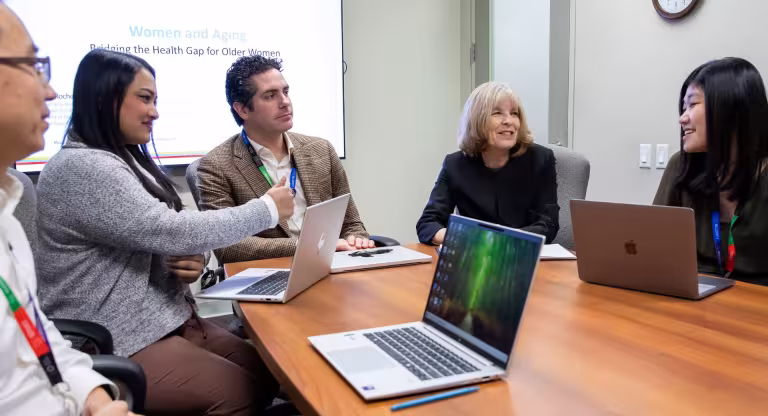 Dr. Paula Rochon, Director of Research at The Weston and O’Born Centre for Mature Women’s Health, leads a multidisciplinary team discussion with colleagues, including Dr. Nathan Stall, Geriatrics Site Lead at Mount Sinai Hospital. 