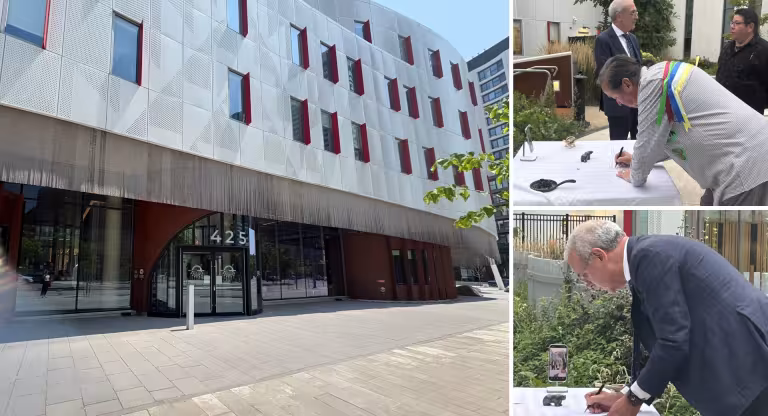Composite of three images, large image on the left side of the Indigenous Health Centre in Toronto. It is a grey building with red accents on the windows. On the right side are two smaller images one on top of the other. The top image is Michael Milward, Executive Director, Anishnawbe Health Toronto, signing a document on a table that has a white table cloth. Below is a photo of Dr. Gary Newton, President and CEO of Sinai Health signing the document on the same table.  