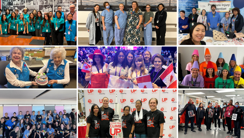 Collage showcasing Sinai Health staff celebrating key milestones, dressing up Halloween, and participating in various events and activities.