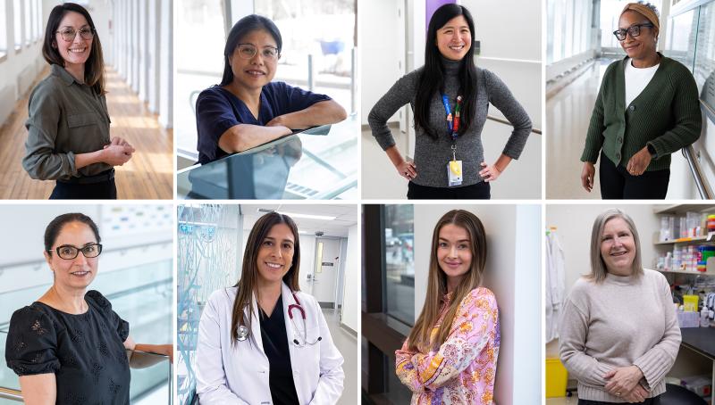 Headshots of eight women, standing in hallways in various locations.