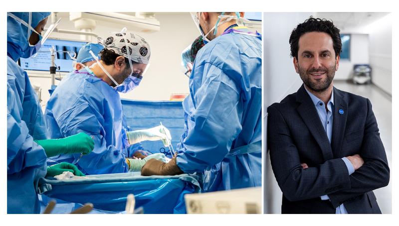 Composite image of Dr. Jesse Wolfstadt in surgery and in a hospital hallway wearing a navy suit jacket. 