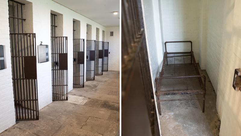 Composite of two photos next to each other. On the left is a view down a corridor of the historic Don Jail. There are six cells in a row and they have doors made of iron bars that are open. the second is a view inside one of the cells. The walls are brick painted white. A small, old metal cot takes up most of the space.