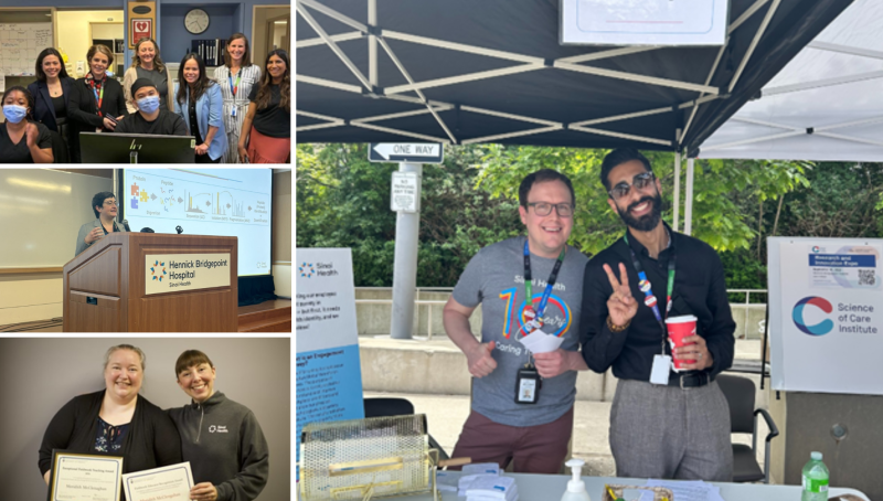 Collage of three images one of Sinai Health employees. The largest one is of two people at an information table outside and two smaller ones are a group photo of employees at a team station and below that photo is two employees holding certificates
