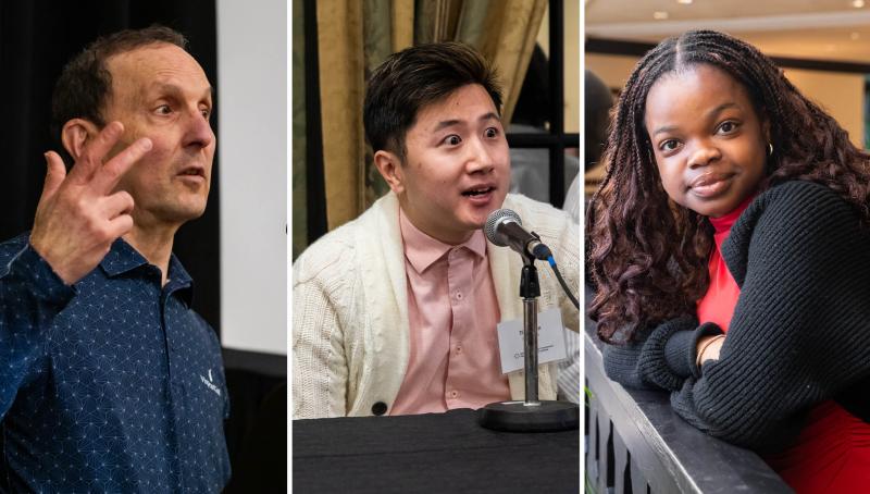 a composite of a man speaking, a male graduate student speaking and a female undergraduate student