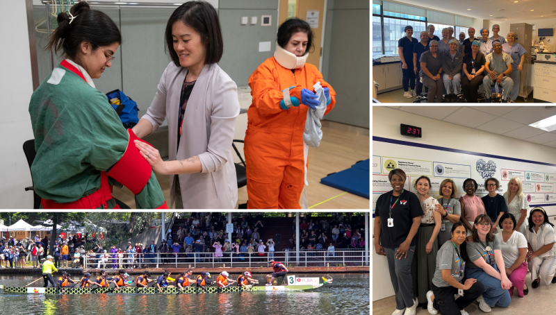 A collage of four photos of Sinai Health employees. One shows Sinai Health employees donning a coverall-type suit designed to simulate effects of aging. There is also a photo of a dragon boat team paddling in a race and a two photos of two different teams at the hospital.  