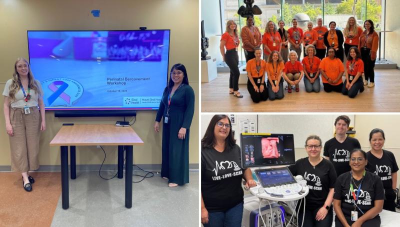 A composite image made of three images. On the left is two people standing on either side of a screen in a meeting room, on the right one image is a group of people in orange shirts and below that image is a group of ultrasound technicians standing around an ultrasound machine