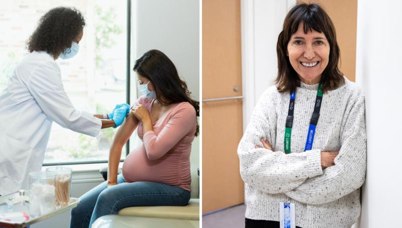 Collage of Denice Feig and a pregnant woman being helped by a doctor. 