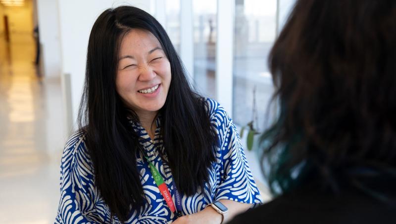 Geriatric psychiatrist Dr. Gina Eom speaks to a patient at Hennick Bridgepoint Hospital in Toronto. 