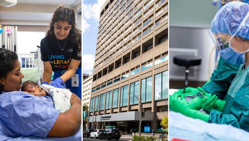 Carousel shot of photos: From left to right, a shot of a mother and child at Mount Sinai Hospital; Mount Sinai Hospital's entrance; and a surgeon at Mount Sinai Hospital.