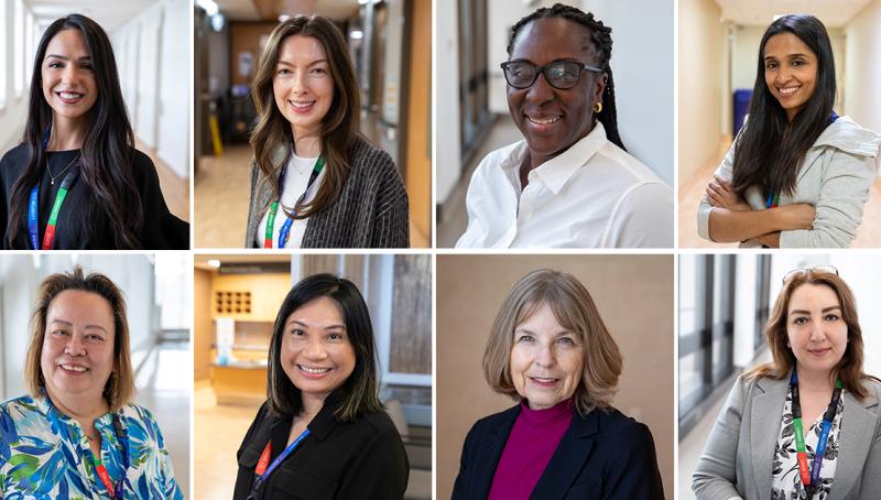 Women from across Sinai Health (From left to right: Marjan Bazleh, Grace Martin, Nana Asomaning, Dr. Kamini Raghuram, Sonia Cunningham, Ann Vo, Dr. Paula Rochon, and Nazila Mirhadizadi)